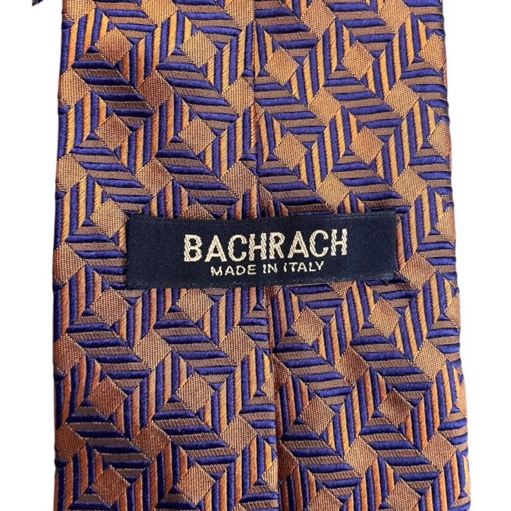 Bachrach Jaquard Orange Blue Geometric Neck Tie 100% Silk Made in Italy designer